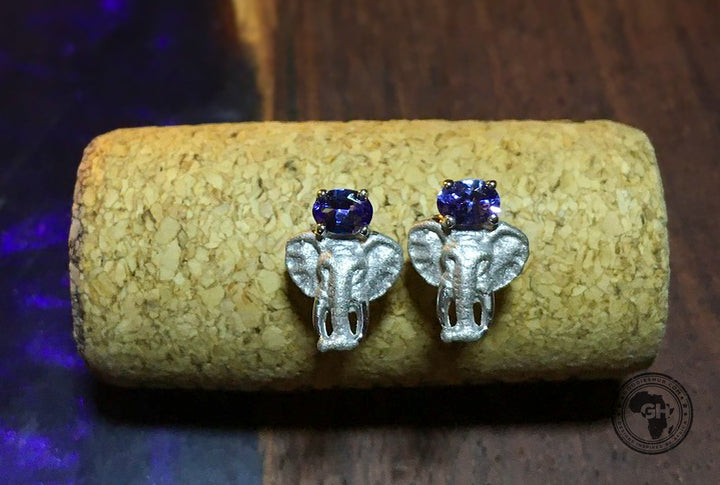 Africa Elephant Head and Tanzanite Earrings Silver
