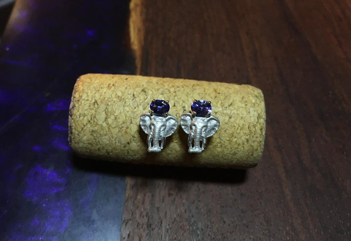 Africa Elephant Head and Tanzanite Earrings Silver