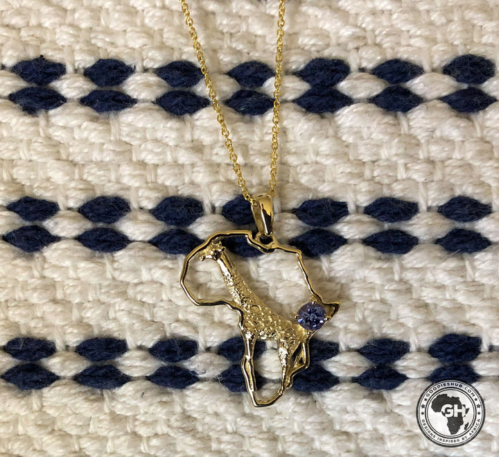 Africa Map Giraffe Yellow Gold Pendant Set with Tanzanite &amp; Chain 45cm