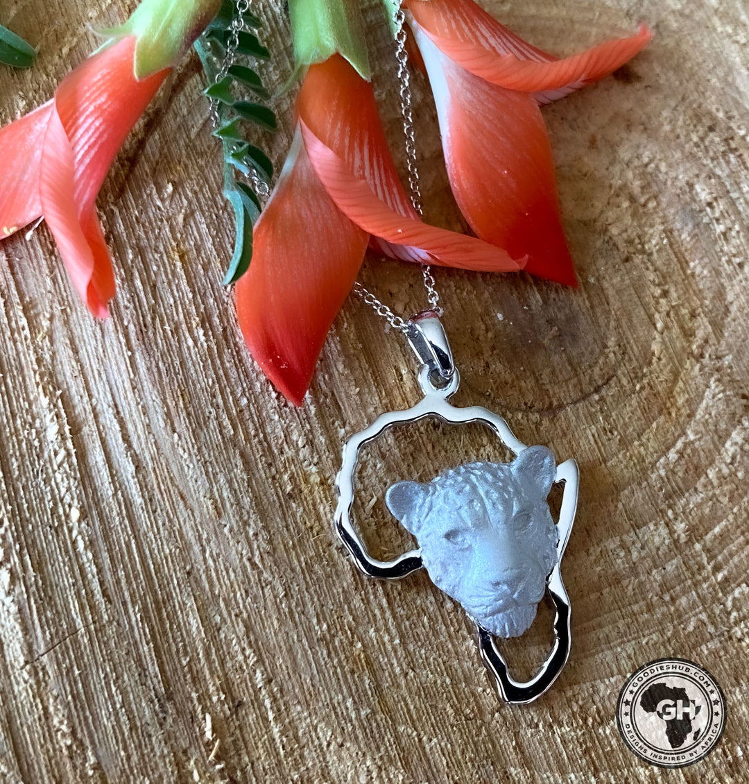 Africa Map with Leopard Head White Gold Pendant &amp; Chain 45cm