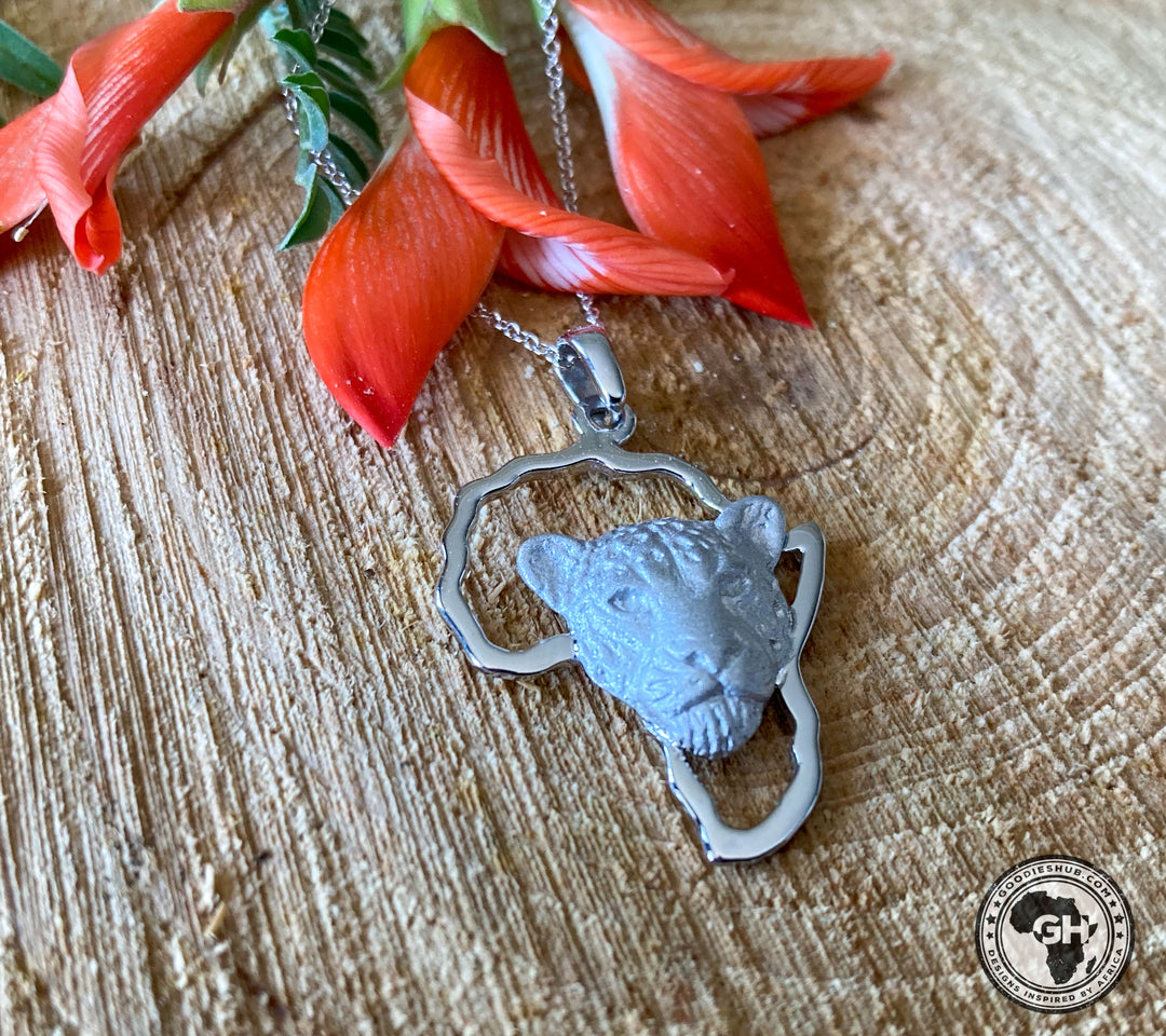 Africa Map with Leopard Head White Gold Pendant &amp; Chain 45cm