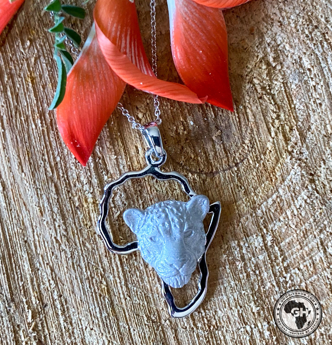 Africa Map with Leopard Head White Gold Pendant &amp; Chain 45cm