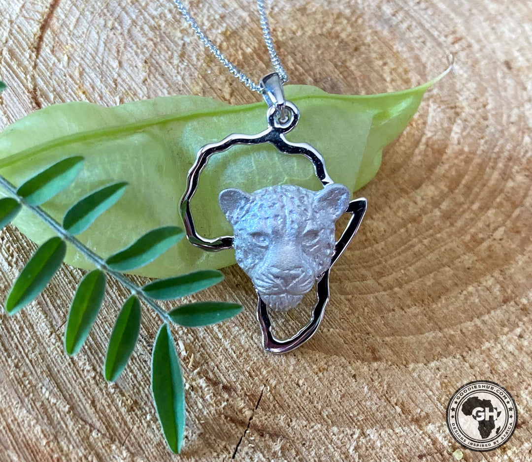 Africa Map with Leopard Head White Gold Pendant &amp; Chain 45cm