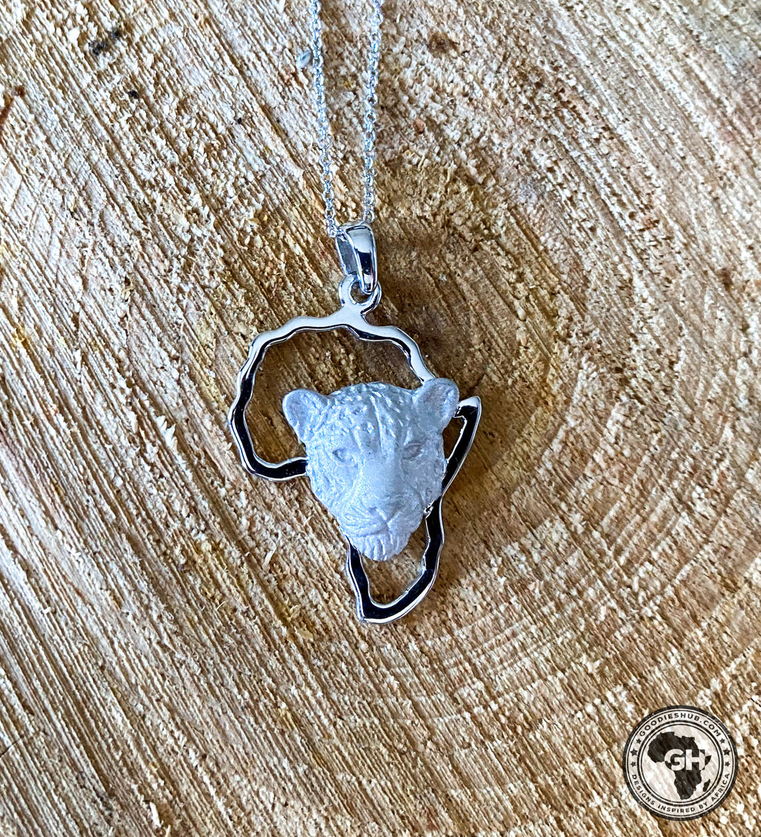 Africa Map with Leopard Head White Gold Pendant &amp; Chain 45cm