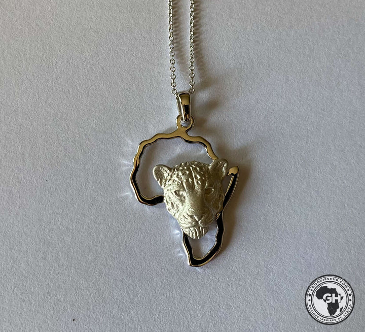 Africa Map with Leopard Head Yellow Gold Pendant &amp; Chain 45cm