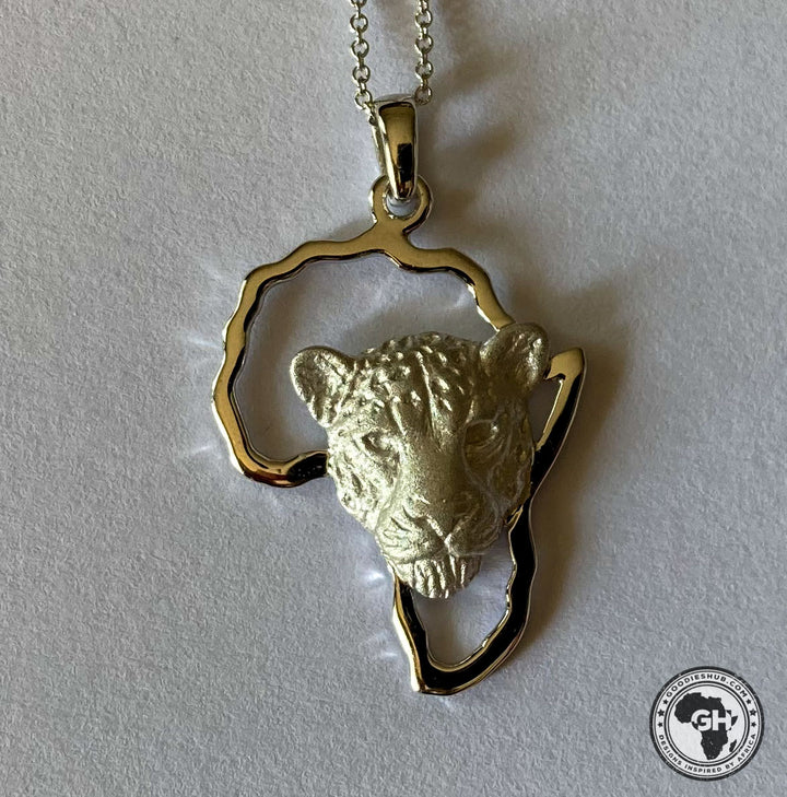 Africa Map with Leopard Head Yellow Gold Pendant &amp; Chain 45cm