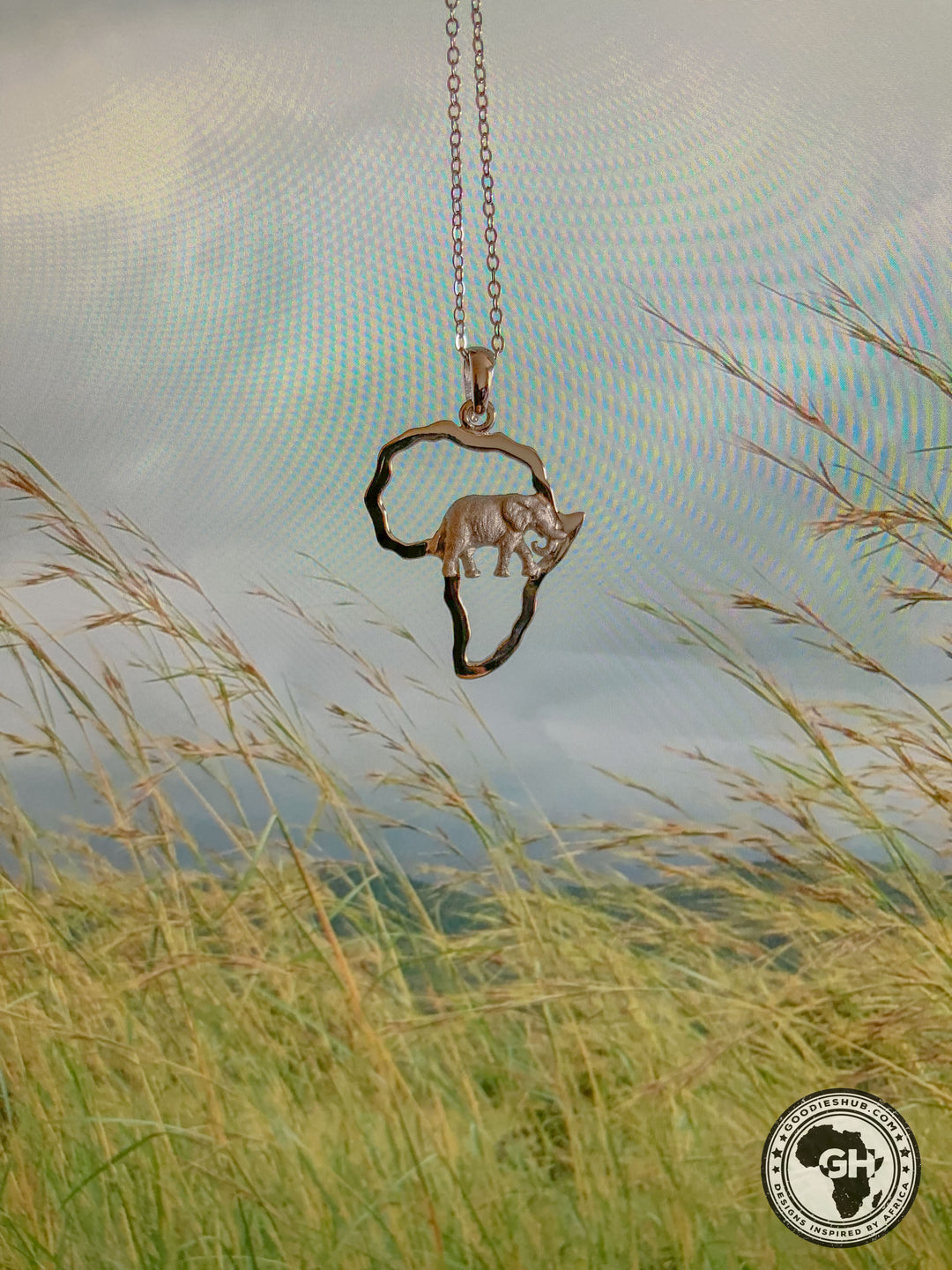 Africa Map with Medium Elephant Silver Pendant &amp; Chain 45cm