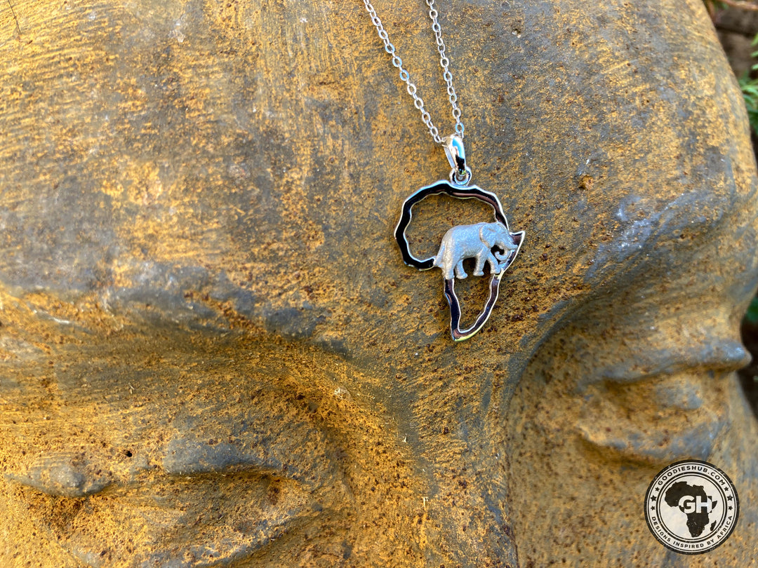 Africa Map with Medium Elephant Silver Pendant &amp; Chain 45cm