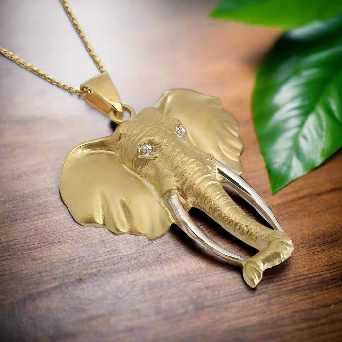 Pendant Yellow Gold Large - Africa Elephant Head with Diamond Eyes &amp; 45cm Chain