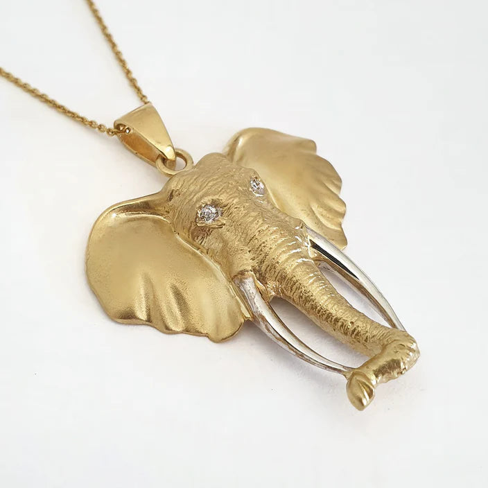 Pendant Yellow Gold Large - Africa Elephant Head with Diamond Eyes &amp; 45cm Chain