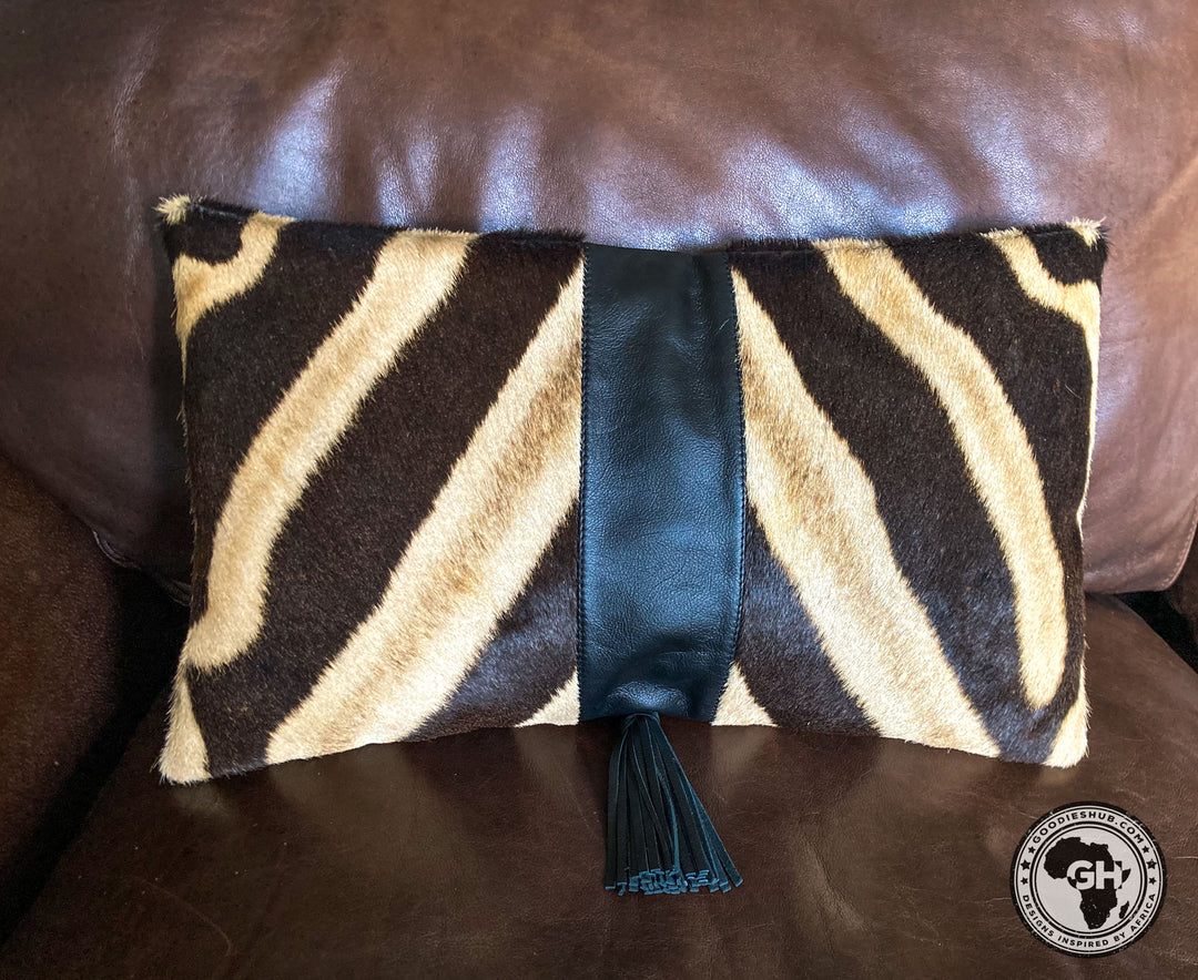 Zebra &amp; Black Leather Cushion Cover 30 x 50cm (Excluding Inner)