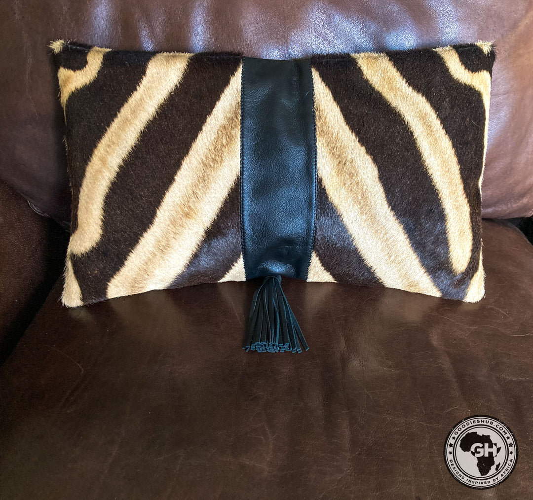 Zebra &amp; Black Leather Cushion Cover 30 x 50cm (Excluding Inner)