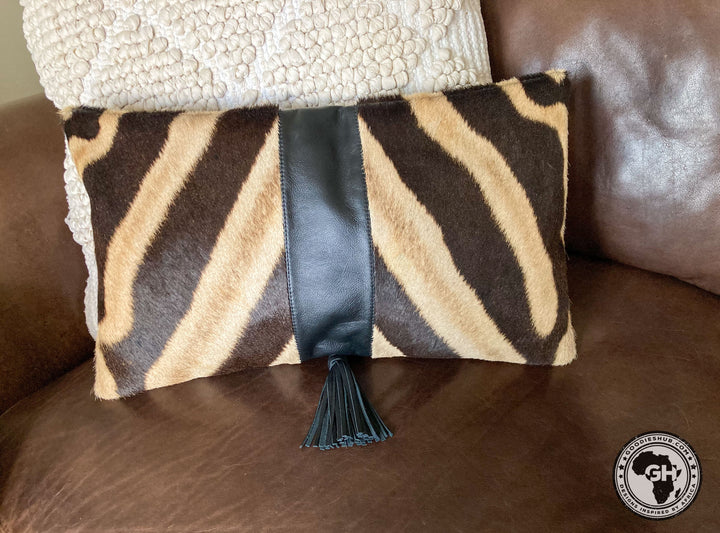 Zebra &amp; Black Leather Cushion Cover 30 x 50cm (Excluding Inner)