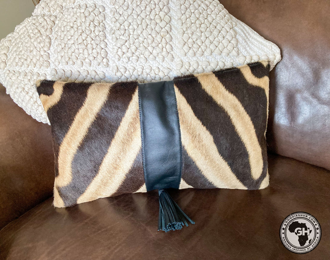 Zebra &amp; Black Leather Cushion Cover 30 x 50cm (Excluding Inner)
