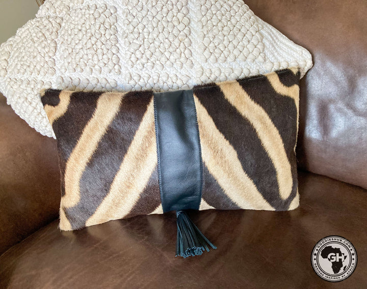 Zebra &amp; Black Leather Cushion Cover 30 x 50cm (Excluding Inner)