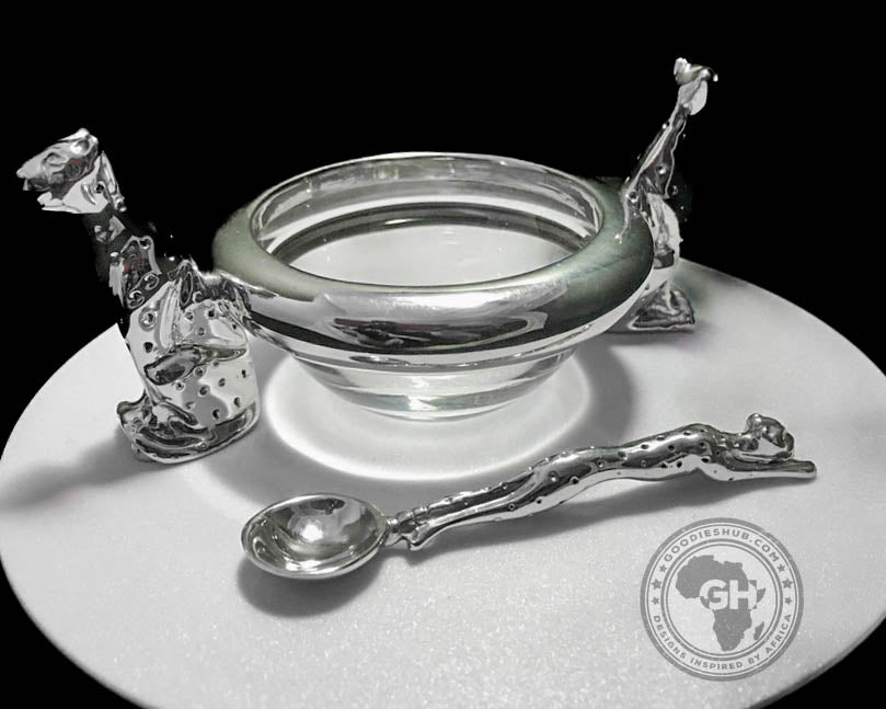 Dish 60mm Double Cheetah &amp; salt spoon Set - Cheetah Africa Collection - Diana Carmichael