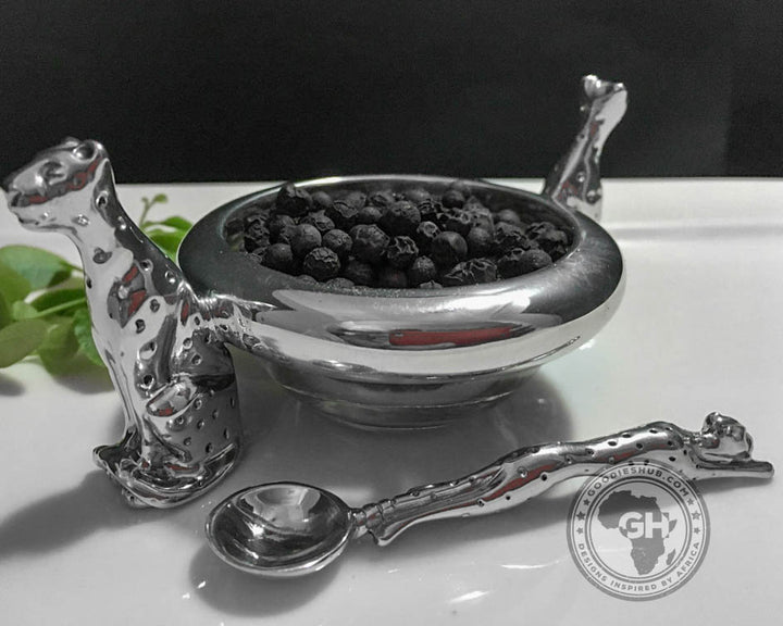 Dish 60mm Double Cheetah &amp; salt spoon Set - Cheetah Africa Collection - Diana Carmichael