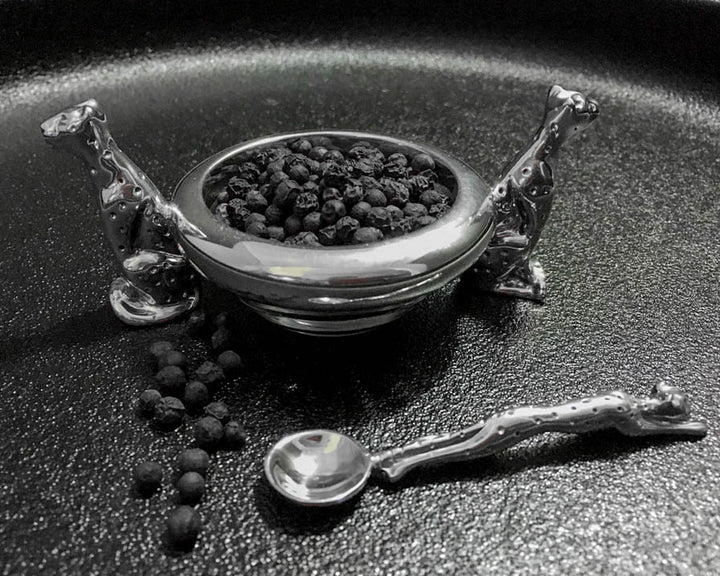 Dish 60mm Double Cheetah &amp; salt spoon Set - Cheetah Africa Collection - Diana Carmichael