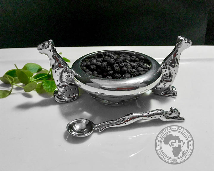 Dish 60mm Double Cheetah &amp; salt spoon Set - Cheetah Africa Collection - Diana Carmichael