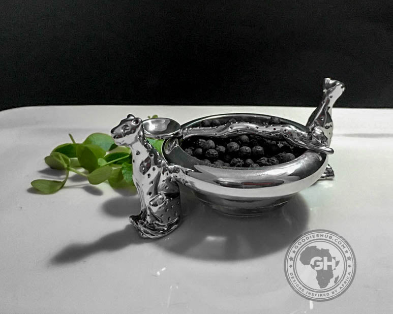 Dish 60mm Double Cheetah &amp; salt spoon Set - Cheetah Africa Collection - Diana Carmichael