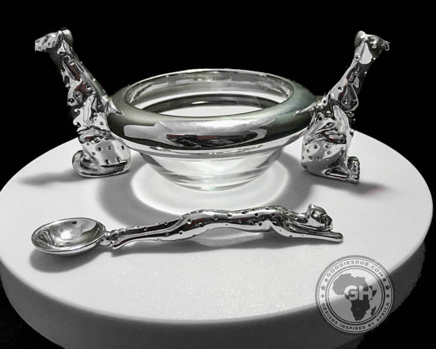 Dish 60mm Double Cheetah &amp; salt spoon Set - Cheetah Africa Collection - Diana Carmichael