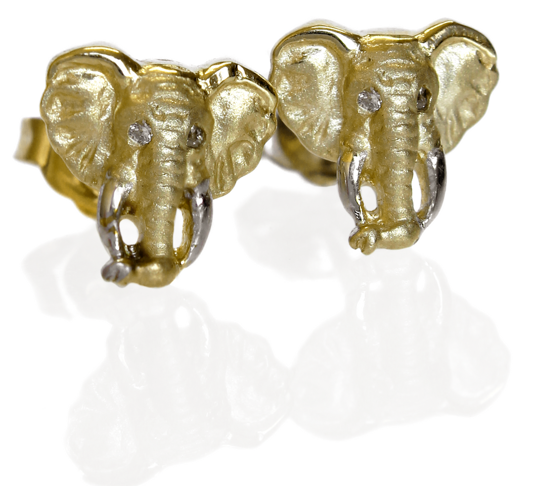 Earrings Yellow Gold - Africa Elephant Head and Diamond Eyes