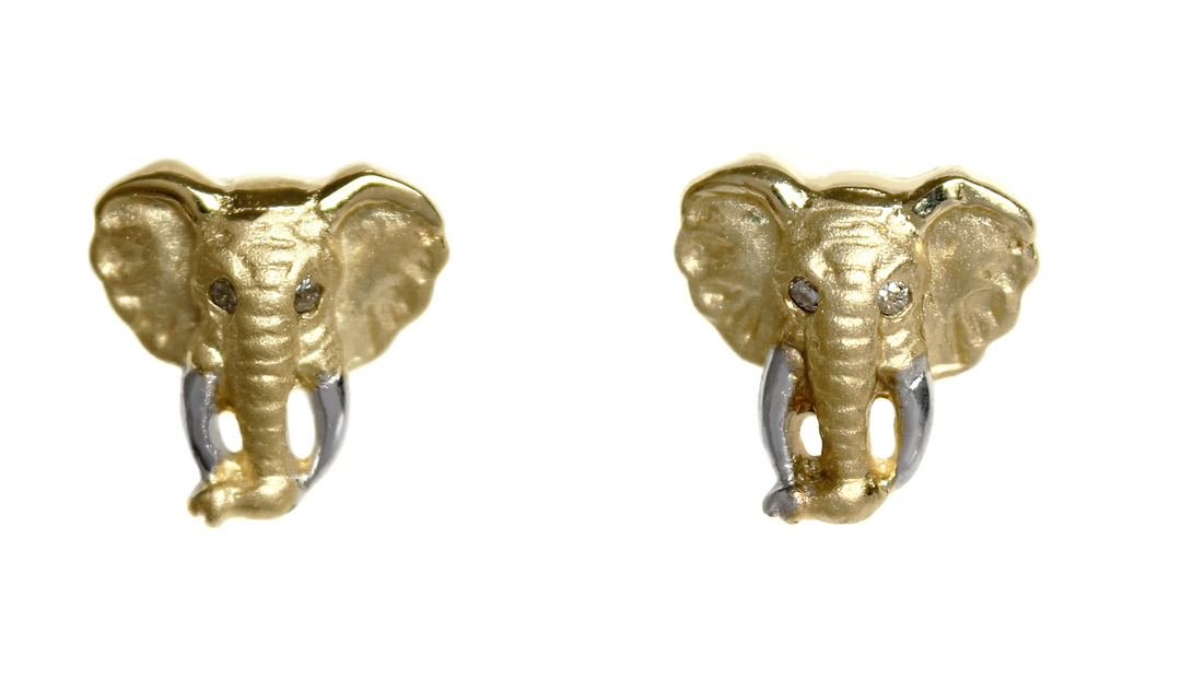 Earrings Yellow Gold - Africa Elephant Head and Diamond Eyes