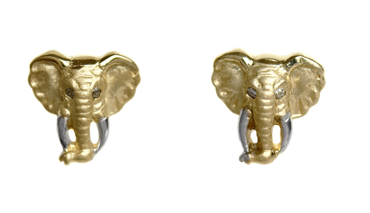 Earrings Yellow Gold - Africa Elephant Head and Diamond Eyes