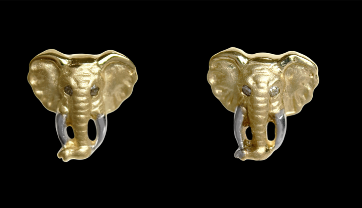 Earrings Yellow Gold - Africa Elephant Head and Diamond Eyes