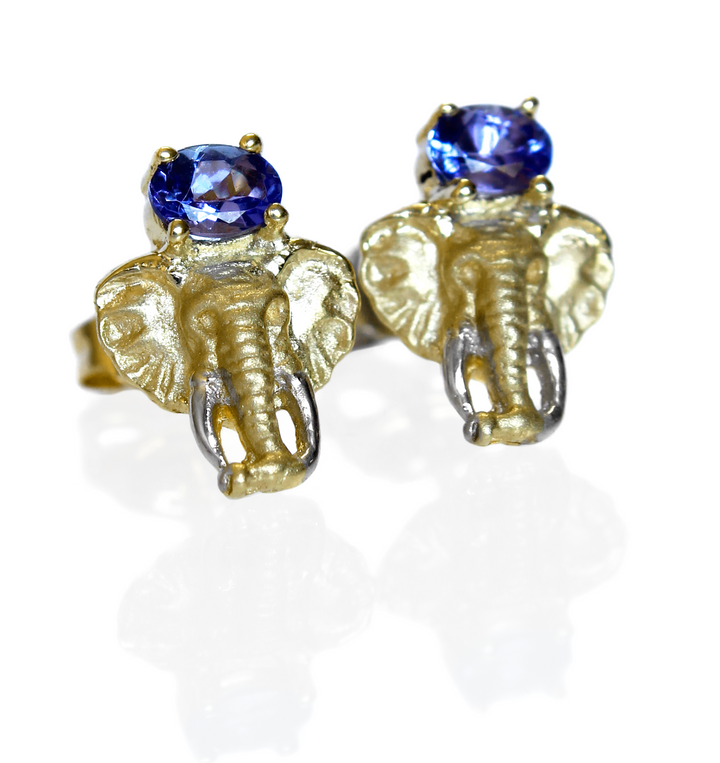 Africa Elephant Head and Tanzanite Earrings Yellow Gold