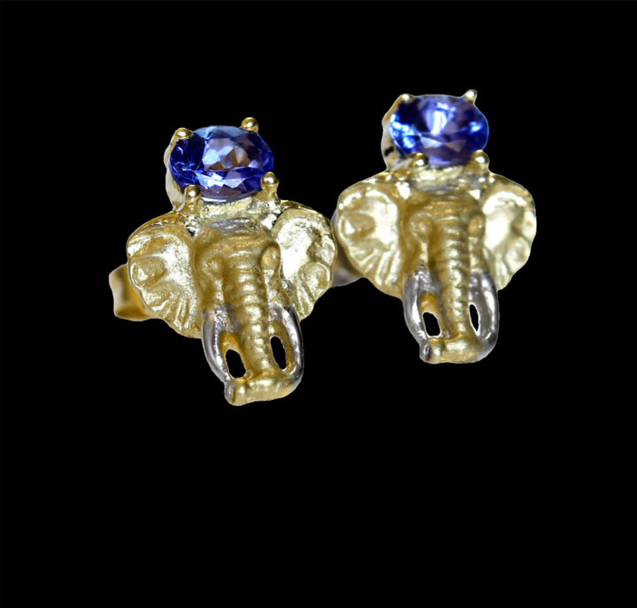 Africa Elephant Head and Tanzanite Earrings Yellow Gold