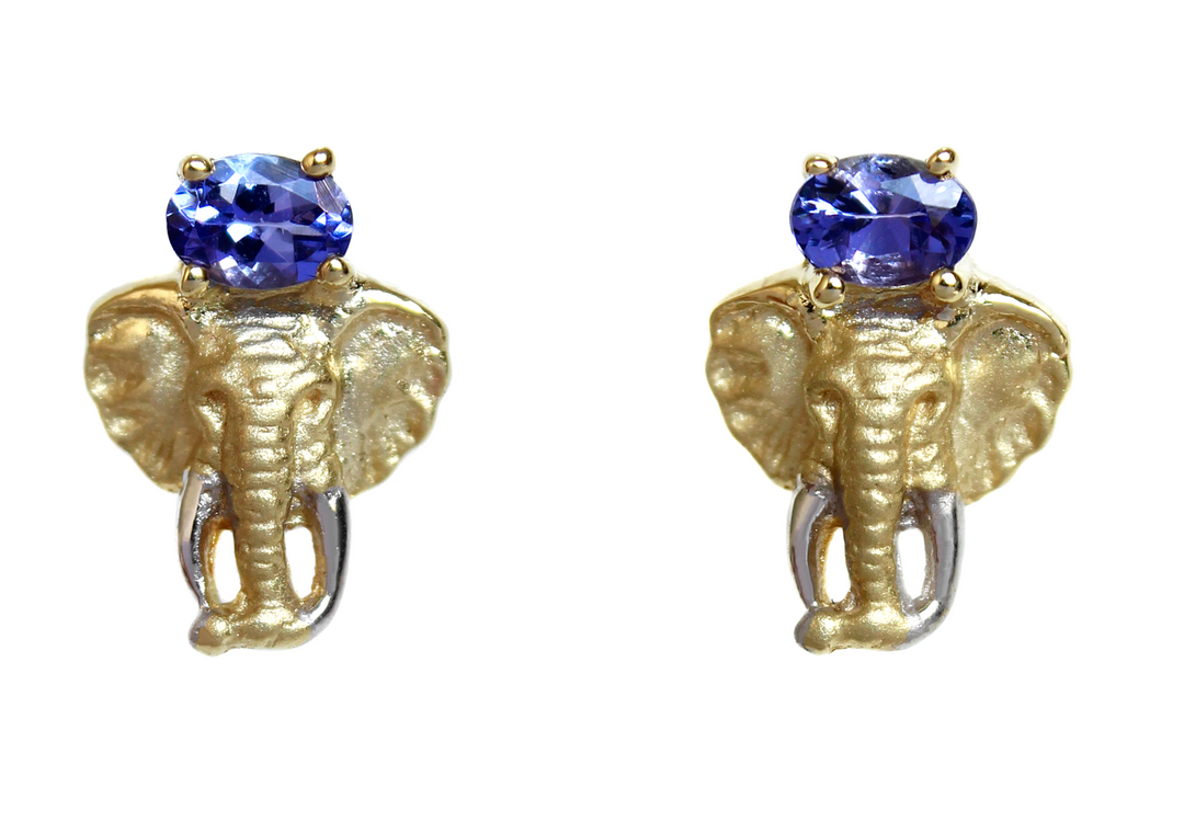 Africa Elephant Head and Tanzanite Earrings Yellow Gold