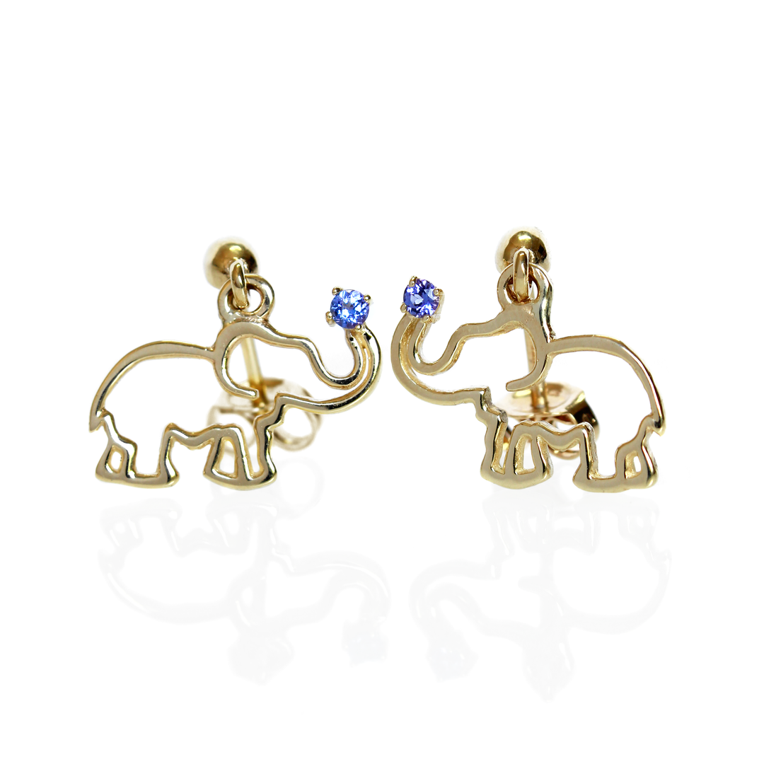 Earrings Yellow Gold - Africa Elephant and Tanzanite on Trunk