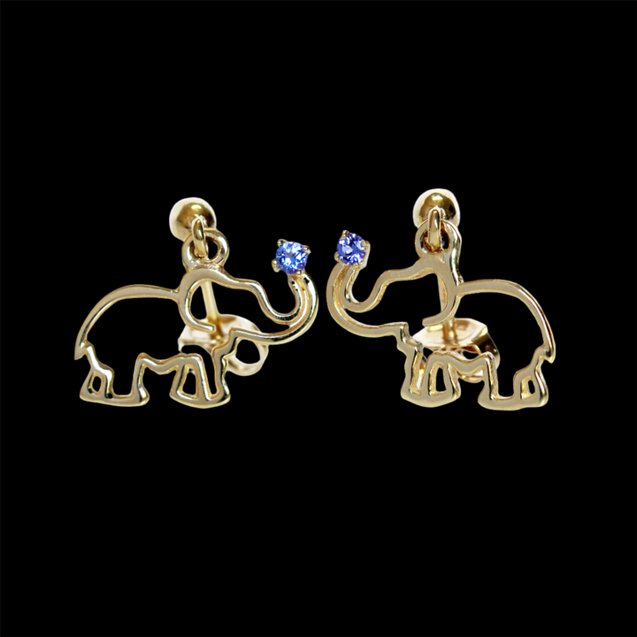 Earrings Yellow Gold - Africa Elephant and Tanzanite on Trunk