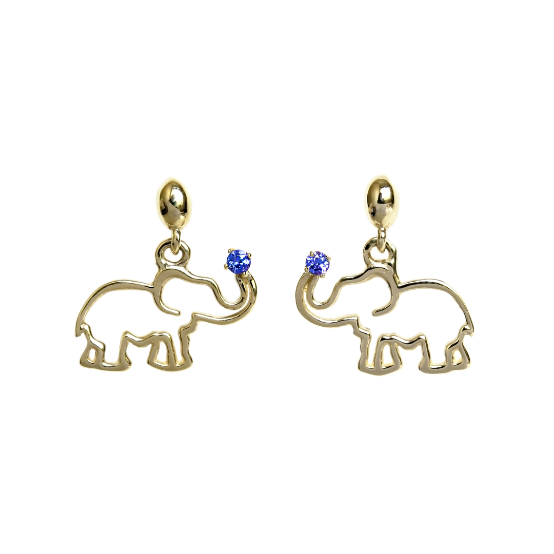 Earrings Yellow Gold - Africa Elephant and Tanzanite on Trunk