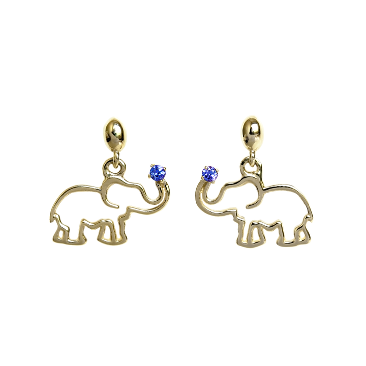 Earrings Yellow Gold - Africa Elephant and Tanzanite on Trunk