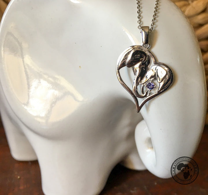 Heart Silver Elephant Pendant Set with Tanzanite &amp; Chain 45cm