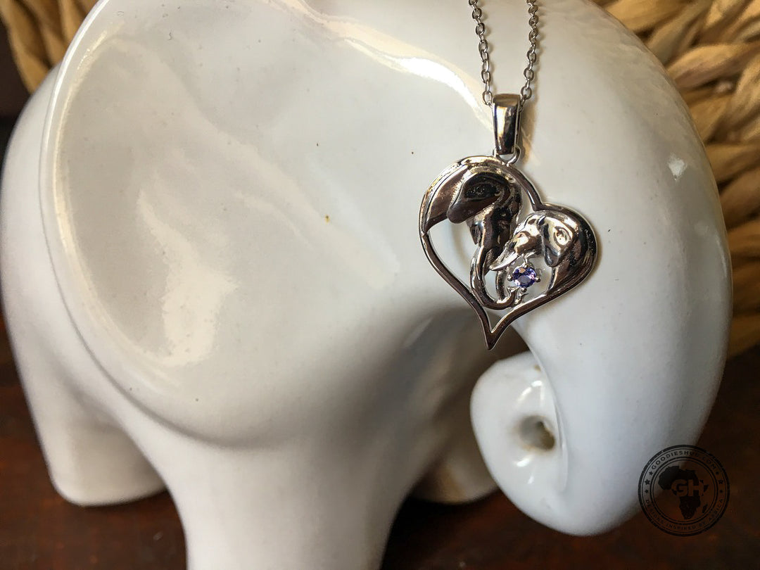 Heart Silver Elephant Pendant Set with Tanzanite &amp; Chain 45cm