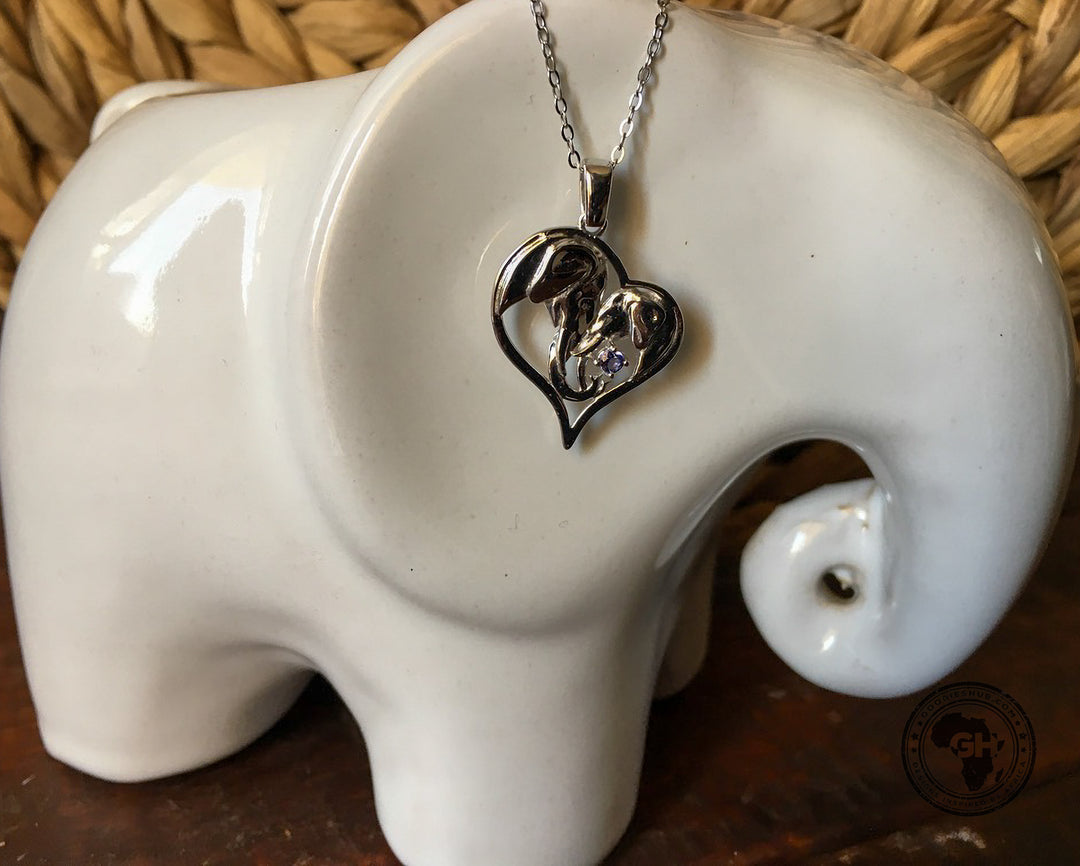 Heart Silver Elephant Pendant Set with Tanzanite &amp; Chain 45cm