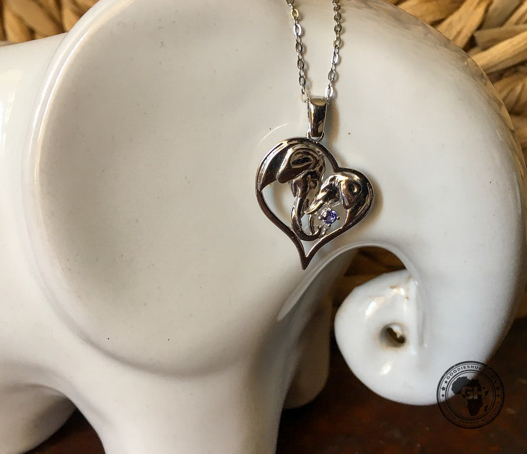Heart Silver Elephant Pendant Set with Tanzanite &amp; Chain 45cm