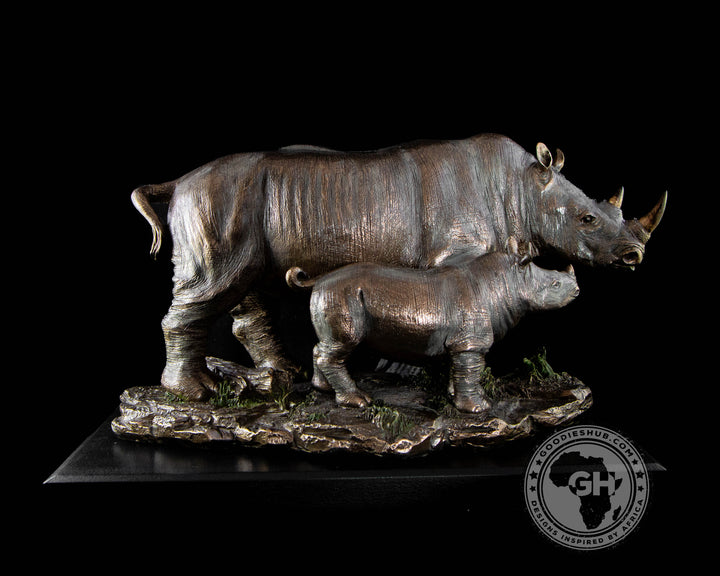 Rhino and Baby Bronzed Sculpture on Base - Faru
