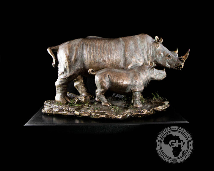 Rhino and Baby Bronzed Sculpture on Base - Faru