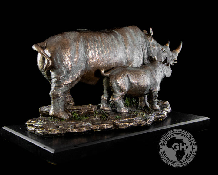 Rhino and Baby Bronzed Sculpture on Base - Faru