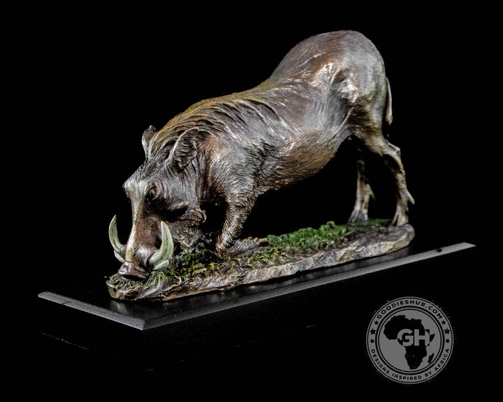 Warthog Kneeling Bronzed Sculpture on Base