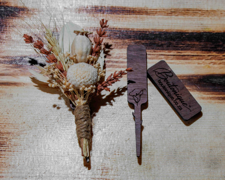 Boutonique - Elegant Floral Fastening Walnut | Premium Wedding Accessory - Standard Boutoniques 90mm