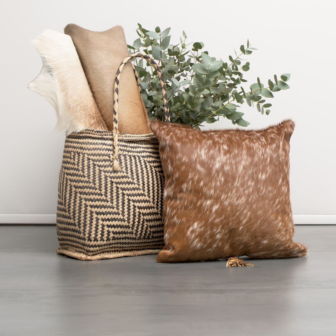 Cowhide Cushion Cover 45 x 45cm with leather back  Tan Speckels (Excluding Inner)