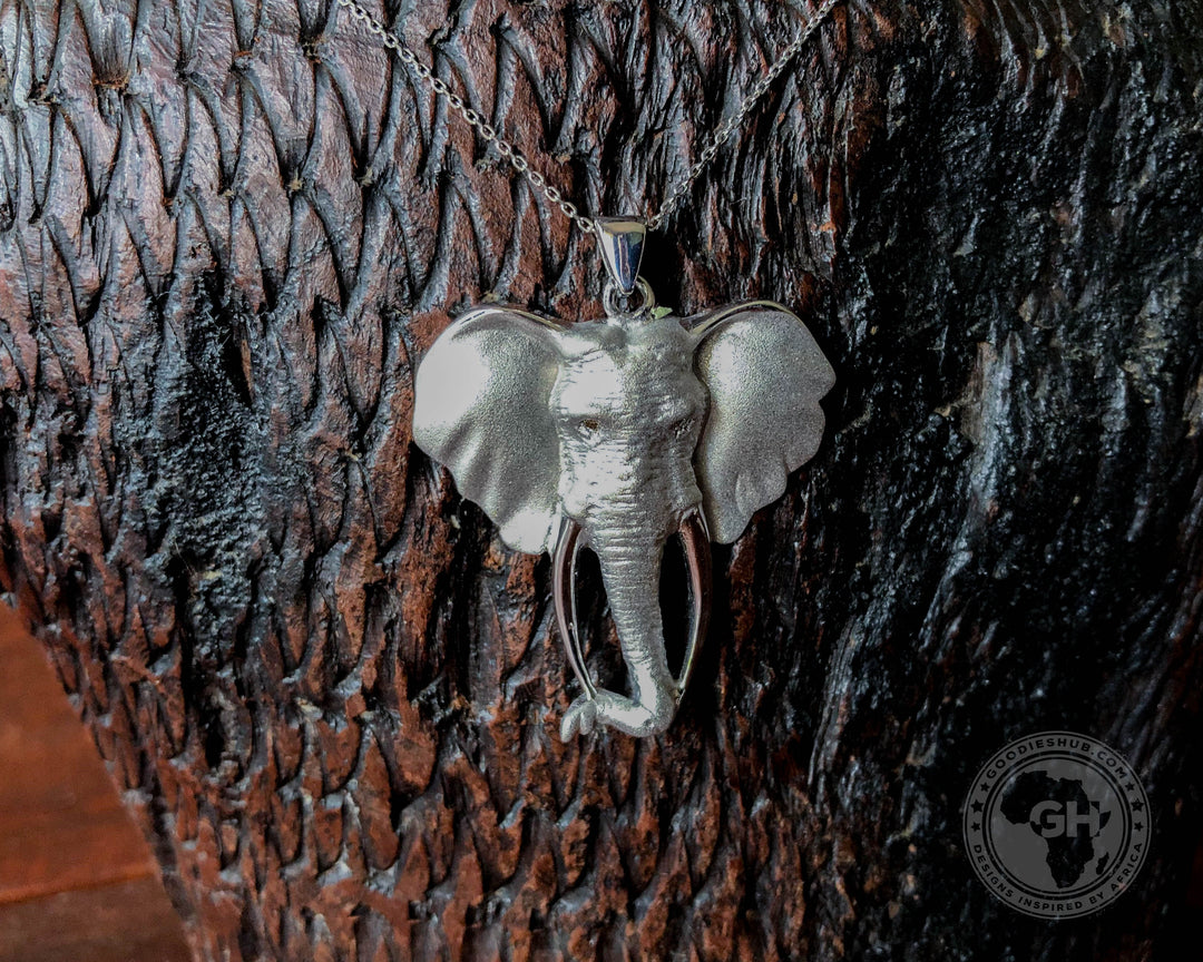 Pendant Silver Large - Africa Elephant Head with Diamond Eyes &amp; 45cm Chain