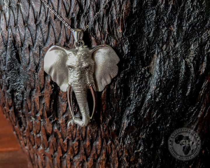 Pendant Silver Large - Africa Elephant Head with Diamond Eyes &amp; 45cm Chain