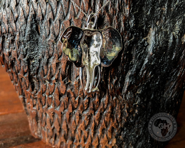 Pendant Silver Large - Africa Elephant Head with Diamond Eyes &amp; 45cm Chain