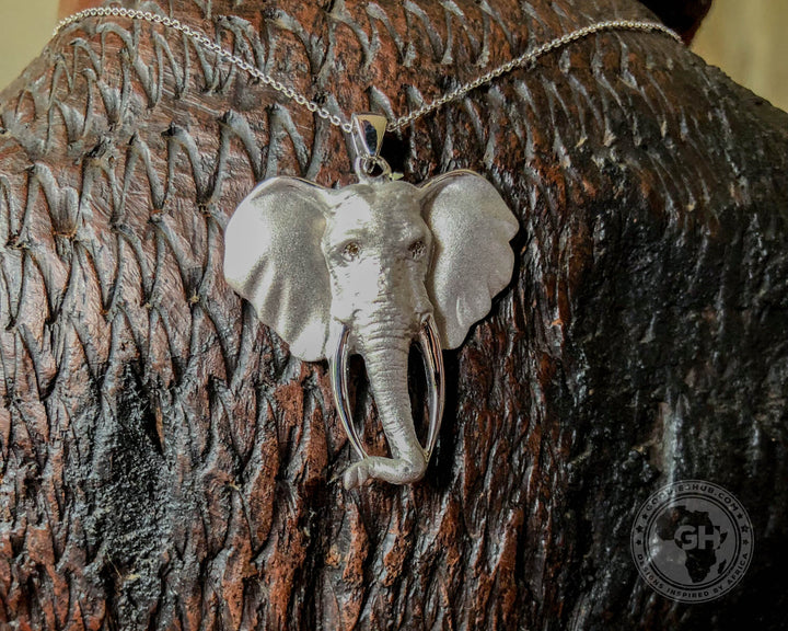 Pendant Silver Large - Africa Elephant Head with Diamond Eyes &amp; 45cm Chain